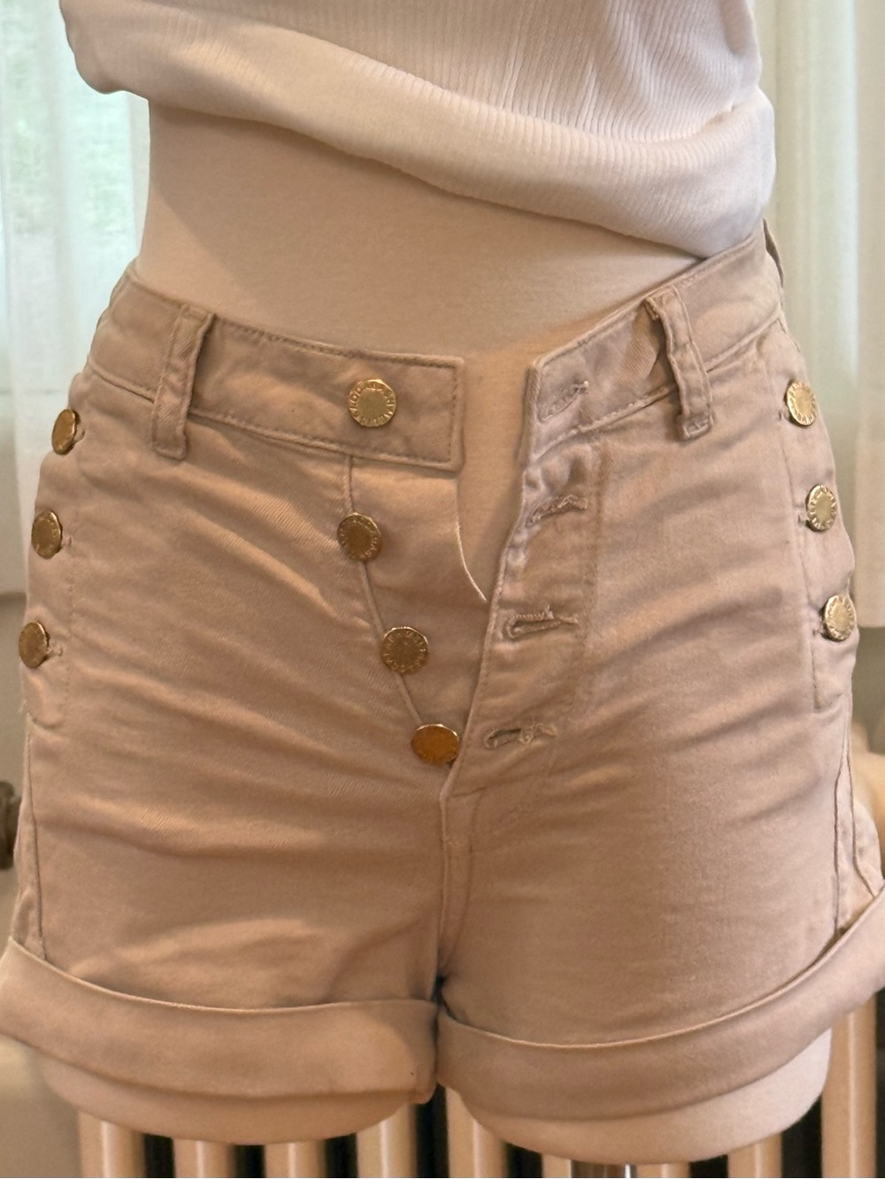 Melissa Odabash Cream High-Waist Shorts with Gold Buttons